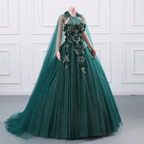 green long sleeveelss flower ball gown formal prom dress evening gown gwn29002