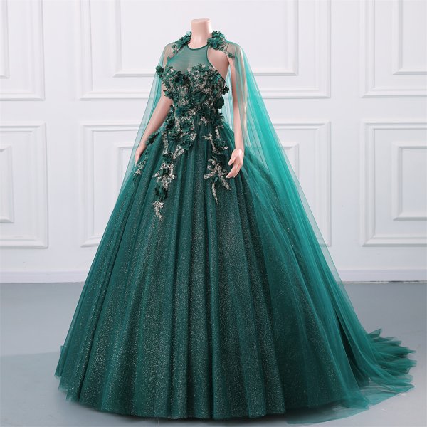 green long sleeveelss flower ball gown formal prom dress evening gown gwn29002