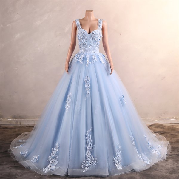 light sky blue long sleeveelss applique a line formal prom dress evening gown gwn29003