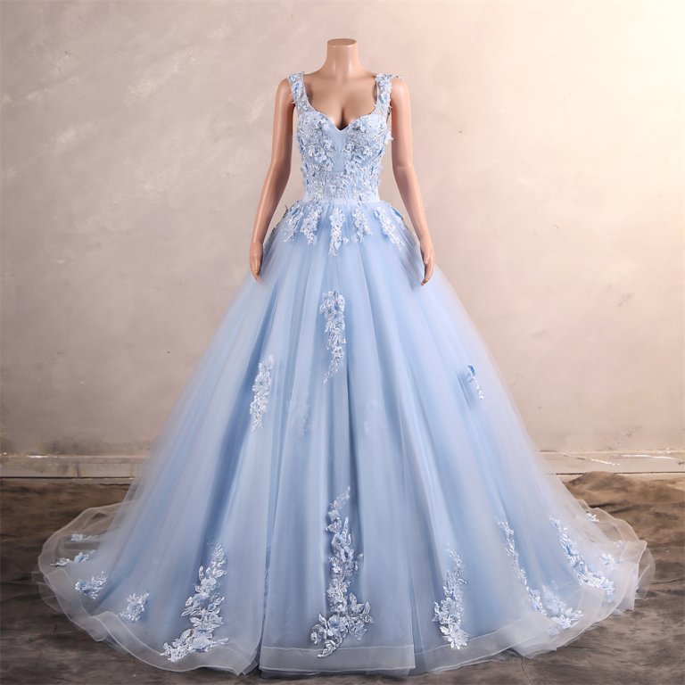 light sky blue long sleeveelss applique a line formal prom dress evening gown gwn29003
