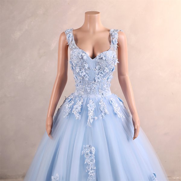 light sky blue long sleeveelss applique a line formal prom dress evening gown gwn29003