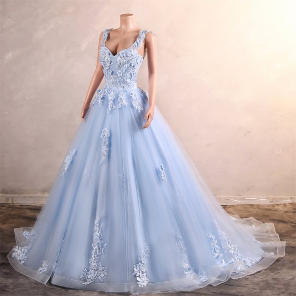 light sky blue long sleeveelss applique a line formal prom dress evening gown gwn29003
