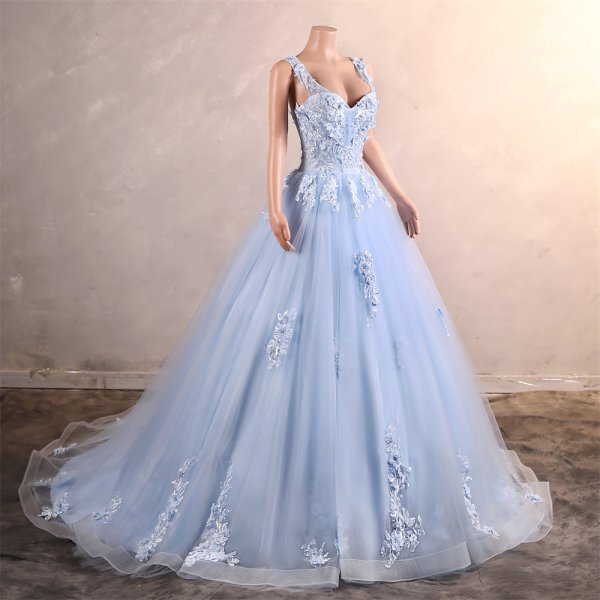 light sky blue long sleeveelss applique a line formal prom dress evening gown gwn29003