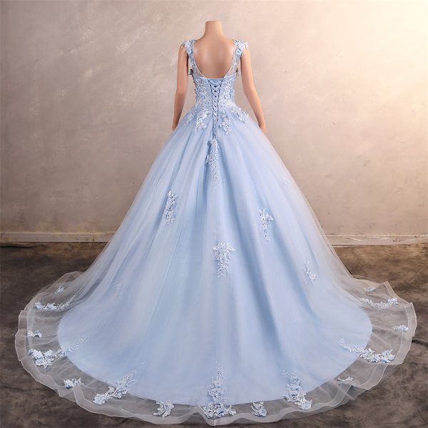 light sky blue long sleeveelss applique a line formal prom dress evening gown gwn29003