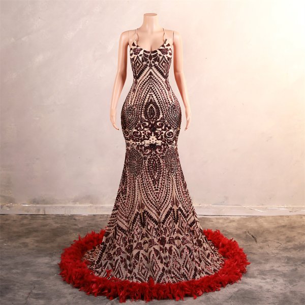 sexy spaghetti feather sleeveelss sequin mermaid formal prom dress evening gown gwn42001