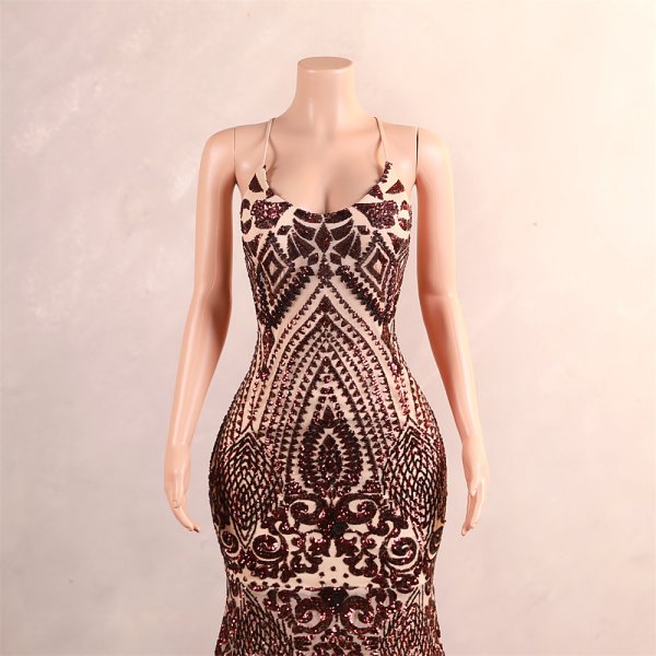 sexy spaghetti feather sleeveelss sequin mermaid formal prom dress evening gown gwn42001