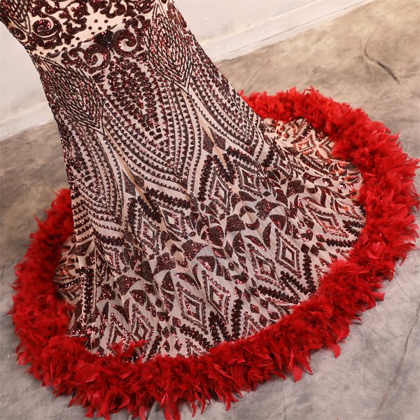 sexy spaghetti feather sleeveelss sequin mermaid formal prom dress evening gown gwn42001