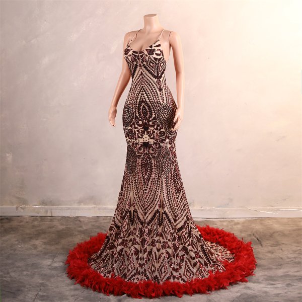 sexy spaghetti feather sleeveelss sequin mermaid formal prom dress evening gown gwn42001