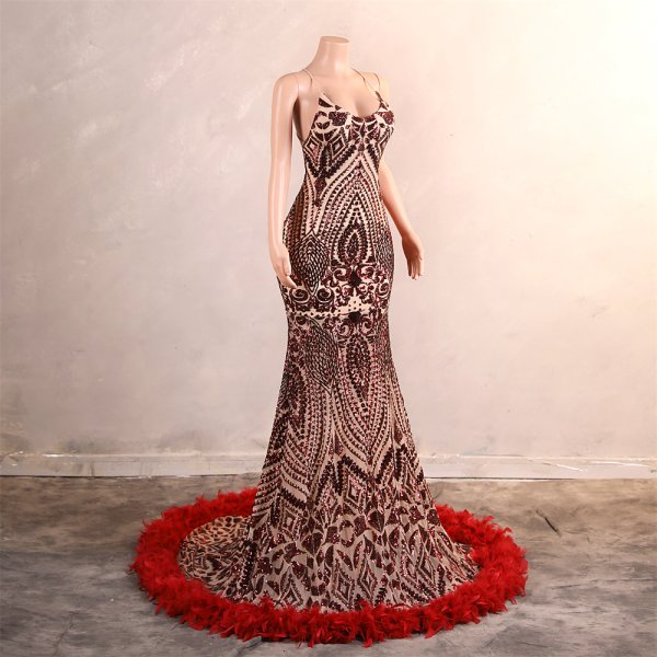sexy spaghetti feather sleeveelss sequin mermaid formal prom dress evening gown gwn42001