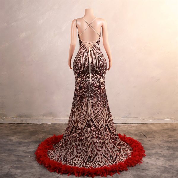 sexy spaghetti feather sleeveelss sequin mermaid formal prom dress evening gown gwn42001