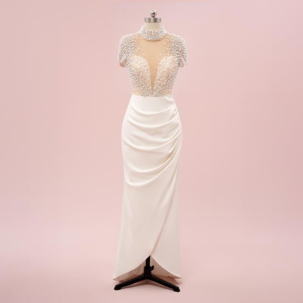 ivory pearls pleats short sleeve mermaid formal party dress sg48001