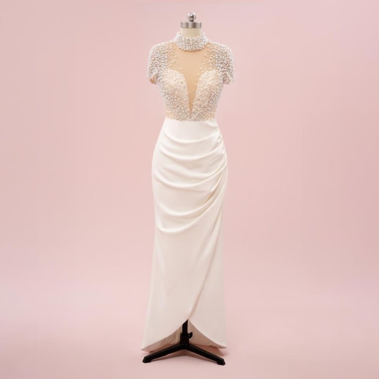 ivory pearls pleats short sleeve mermaid formal party dress sg48001