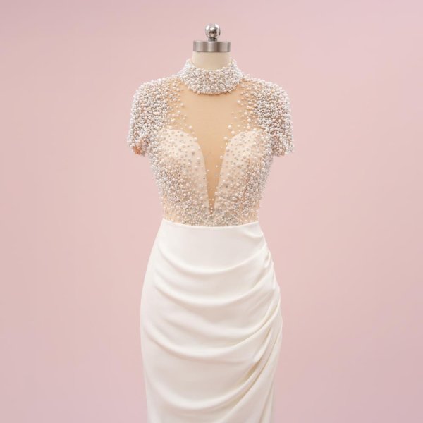 ivory pearls pleats short sleeve mermaid formal party dress sg48001