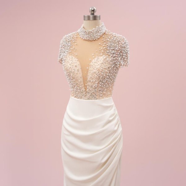 ivory pearls pleats short sleeve mermaid formal party dress sg48001