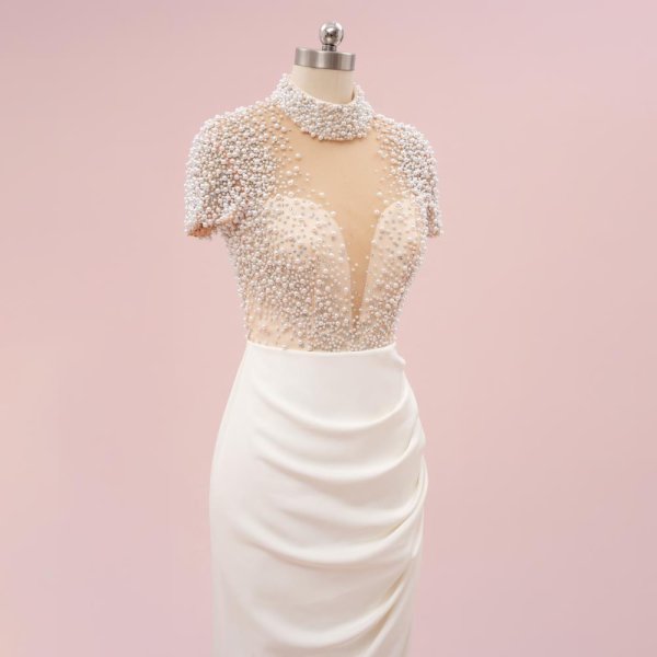 ivory pearls pleats short sleeve mermaid formal party dress sg48001