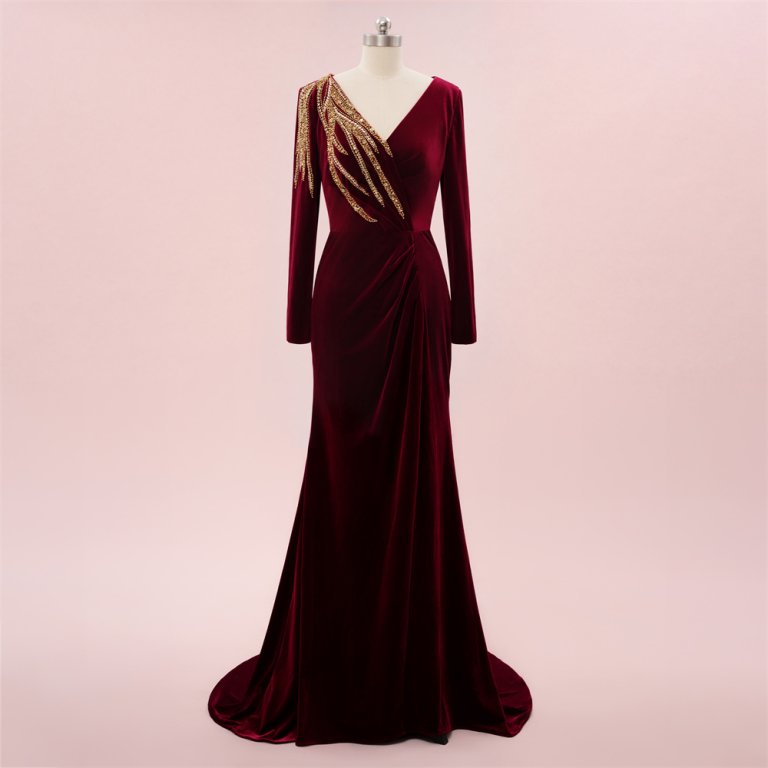 elegant burgundy beading long sleeve mermaid formal party dress sg5801