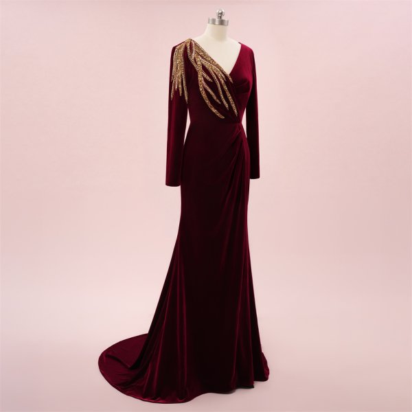 elegant burgundy beading long sleeve mermaid formal party dress sg5801