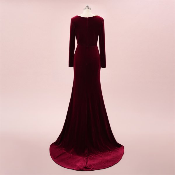 elegant burgundy beading long sleeve mermaid formal party dress sg5801