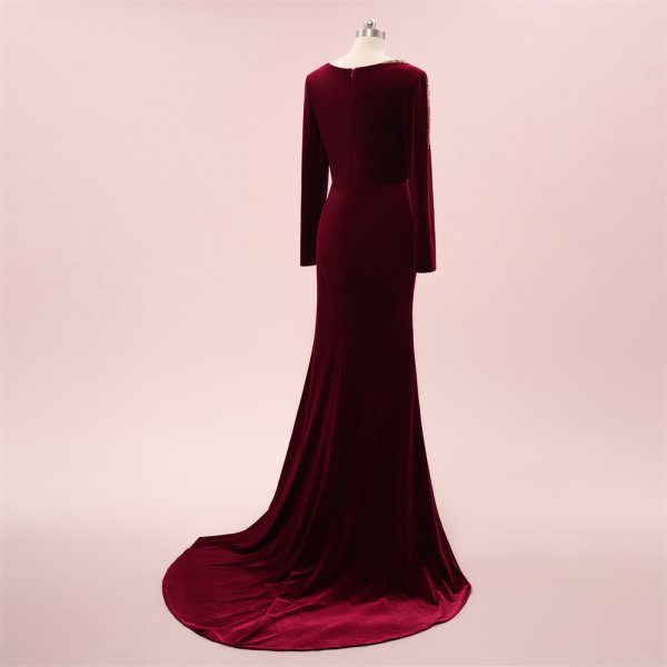 elegant burgundy beading long sleeve mermaid formal party dress sg5801