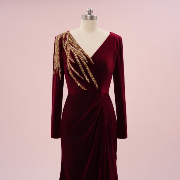 elegant burgundy beading long sleeve mermaid formal party dress sg5801