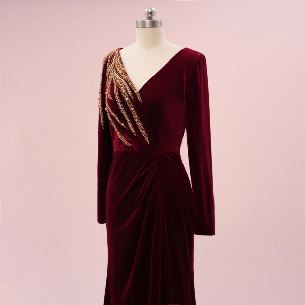 elegant burgundy beading long sleeve mermaid formal party dress sg5801