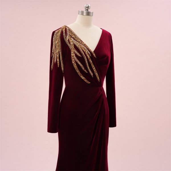 elegant burgundy beading long sleeve mermaid formal party dress sg5801