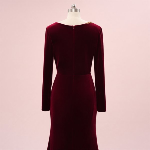 elegant burgundy beading long sleeve mermaid formal party dress sg5801
