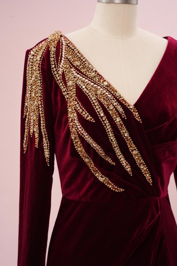 elegant burgundy beading long sleeve mermaid formal party dress sg5801