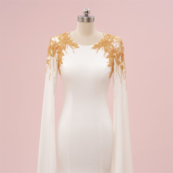 elegant ivory long sleeve gold beading mermaid formal party dress sg65001