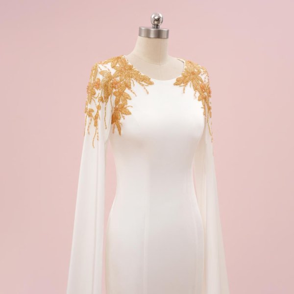 elegant ivory long sleeve gold beading mermaid formal party dress sg65001