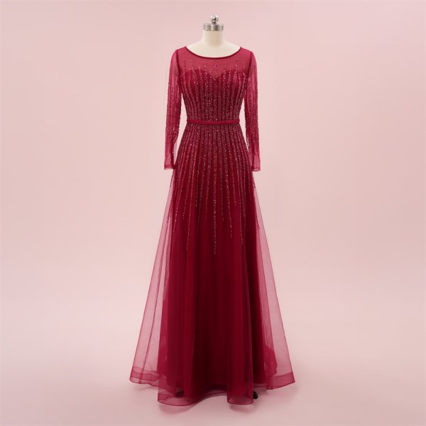 elegant burgundy long sleeve beading mermaid formal party dress sg65002
