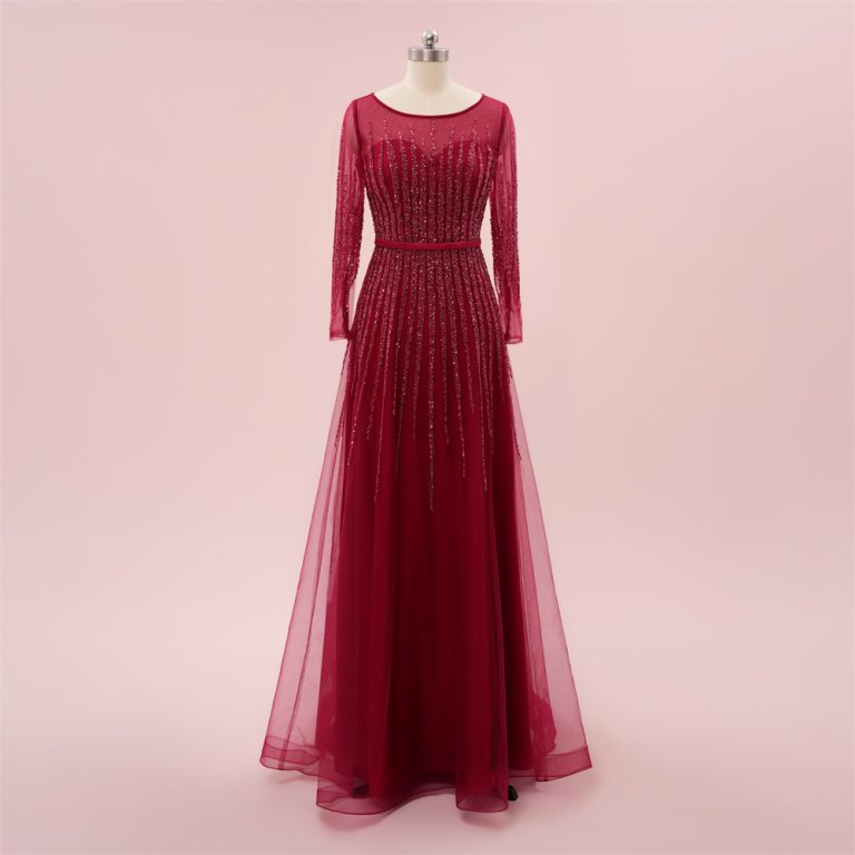 elegant burgundy long sleeve beading mermaid formal party dress sg65002