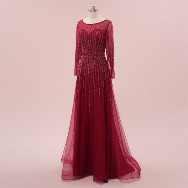 elegant burgundy long sleeve beading mermaid formal party dress sg65002