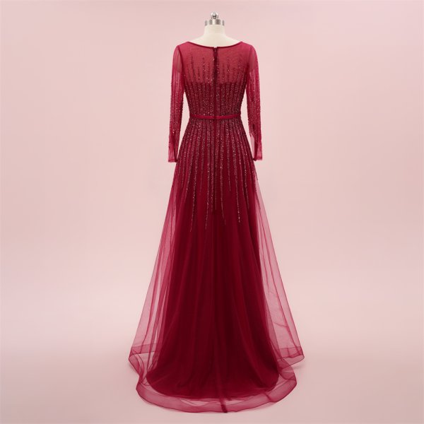 elegant burgundy long sleeve beading mermaid formal party dress sg65002