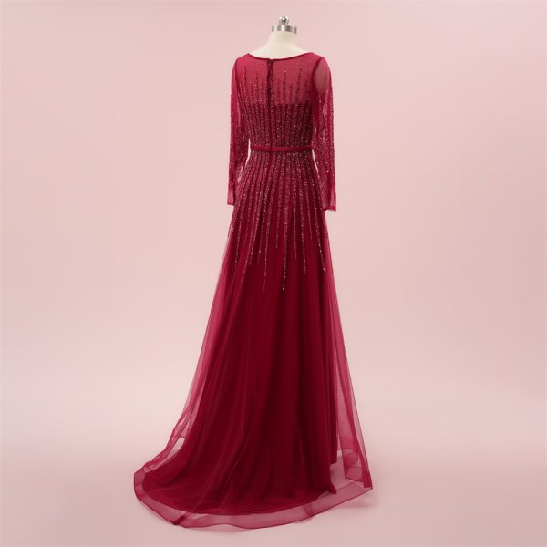 elegant burgundy long sleeve beading mermaid formal party dress sg65002