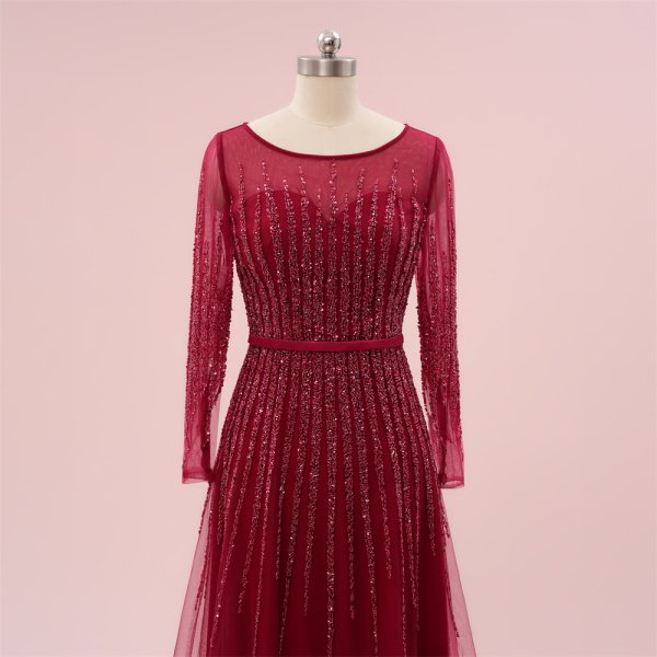 elegant burgundy long sleeve beading mermaid formal party dress sg65002
