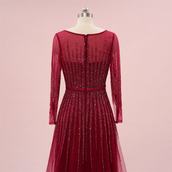 elegant burgundy long sleeve beading mermaid formal party dress sg65002