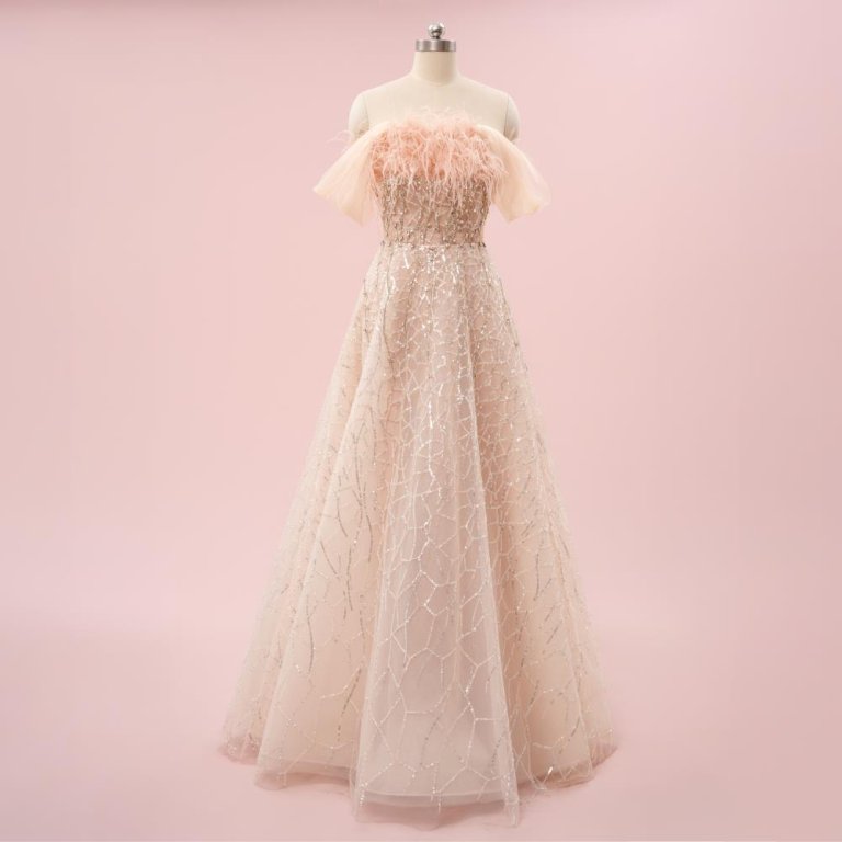 elegant pink beading feather a line formal party dress sg8801