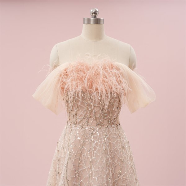 elegant pink beading feather a line formal party dress sg8801
