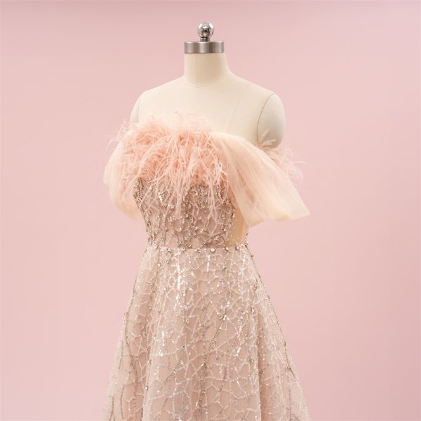 elegant pink beading feather a line formal party dress sg8801