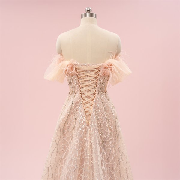elegant pink beading feather a line formal party dress sg8801