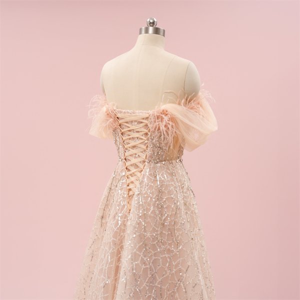 elegant pink beading feather a line formal party dress sg8801