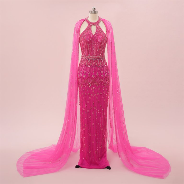 hot pink beading cape mermaid formal party dress sg8802
