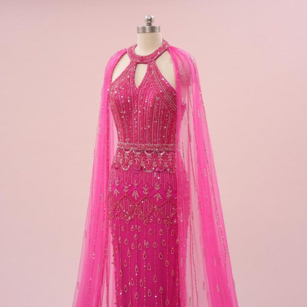 hot pink beading cape mermaid formal party dress sg8802