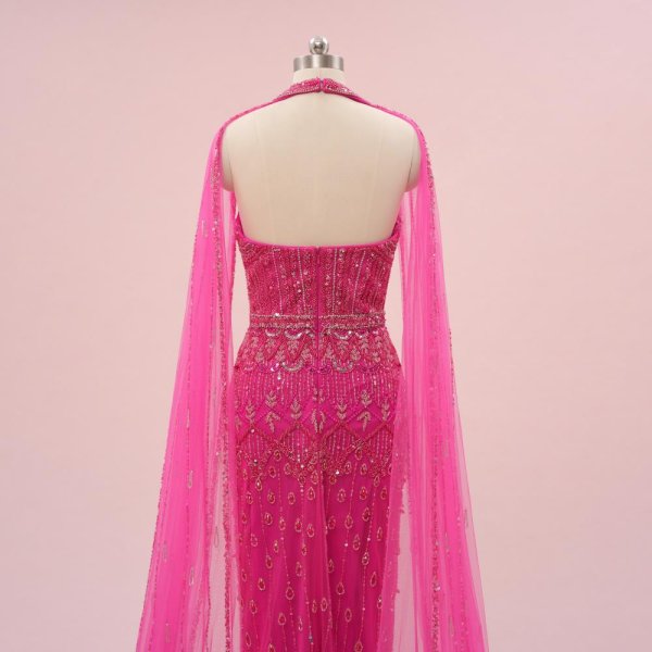 hot pink beading cape mermaid formal party dress sg8802