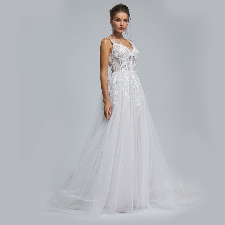 spafhetti v neck applique sleeveless a line wedding dress st001