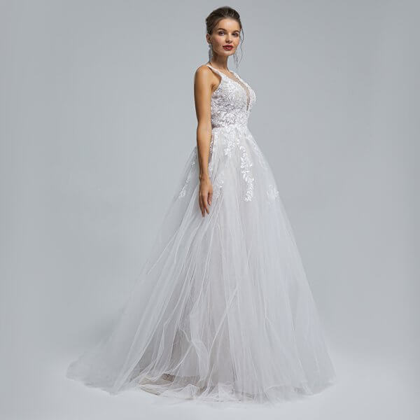 backless o neck applique sleeveless a line wedding dress st003