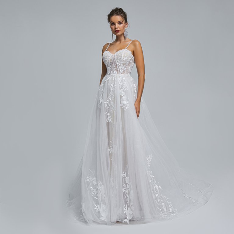 spaghetti sweetheart neck applique sleeveless a line wedding dress st004