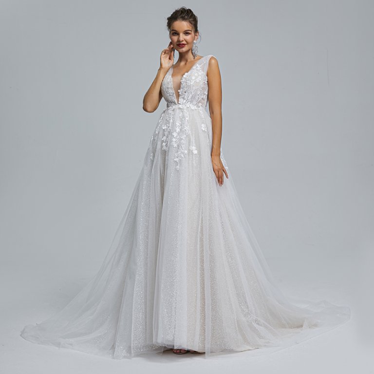 v neck applique sleeveless a line long wedding dress st005