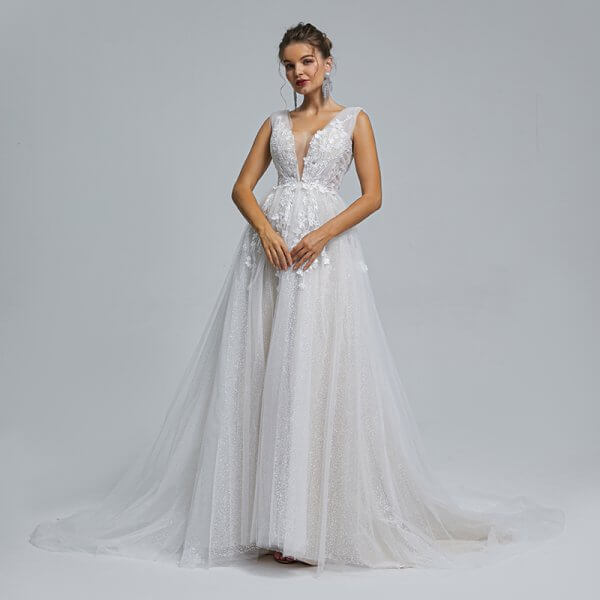 v neck applique sleeveless a line long wedding dress st005